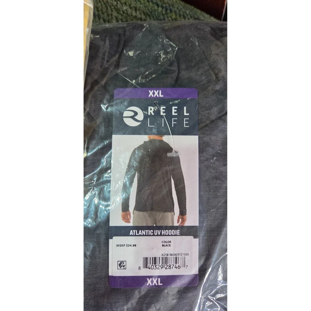 Reel‎ Life Fishing Hoodie Black Shirt Men's Quick Dry Wicking UPF 50+ NWT XXL